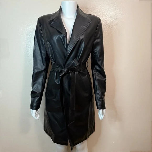 Black faux leather lapel collar belted open front trench coat - Picture 1 of 15